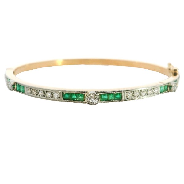 Art Deco Armreif 18 Karat Gold Diamanten Smaragde