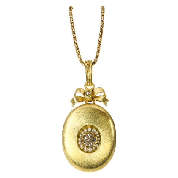 Antikes Foto Medaillon Amulett Diamanten Gelbgold 14 Karat Schleife Perlen