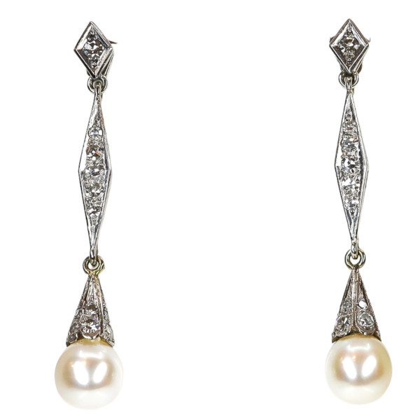 Lange Weißgold Ohrringe Perle Diamanten Vintage