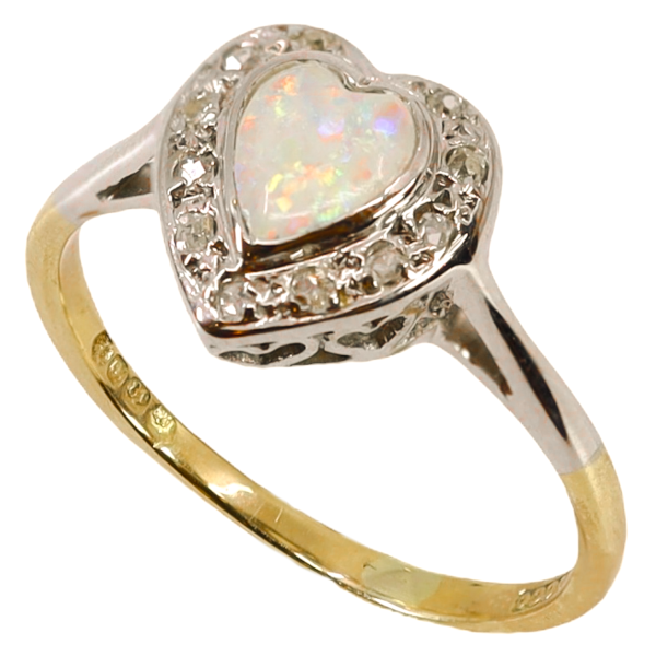 Antiker Herzring 18 Karat gelbgold Platin Opal Herzform Diamanten