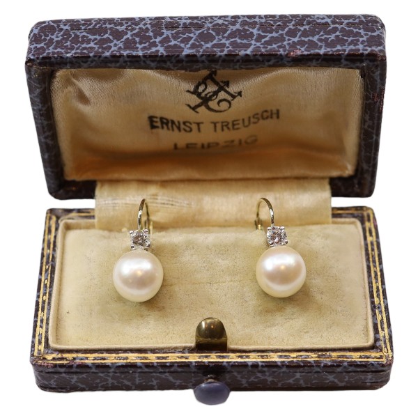 Antike Perlen Ohrringe mit Diamanten original Etui