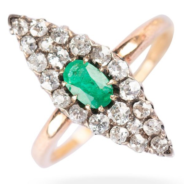 Antiker Ring 14 Karat Gold Smaragd & Diamanten um 1890